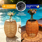 Solar Outdoor Side Table, Boho Handwoven Drum Rattan, 12.8" D x 16.9" H - Image 5