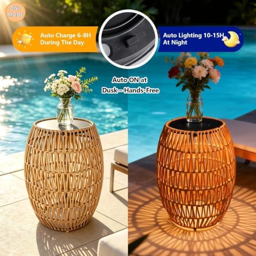 Solar Outdoor Side Table, Boho Handwoven Drum Rattan, 12.8" D x 16.9" H - Image 5