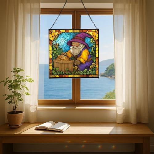 Gnome Beekeeping Stained Glass Suncatcher – Square Hanging Window Panel for Home, Garden, Nursery, Halloween, Christmas, Memorial Day – Whimsical Glass Art Gift for Gnome Lovers b9jpfw - Image 6