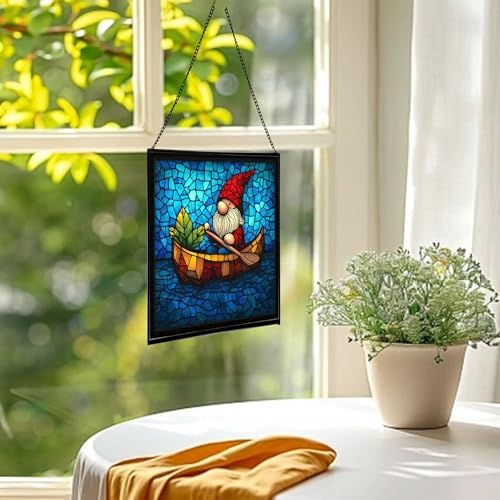 Gnome Canoe Ride Stained Glass Suncatcher – Square Hanging Window Panel for Home or Greenhouse – Whimsical Glass Art Gift for Garden Lovers, Christmas, Halloween, Father Days zv6fI0 - Image 3