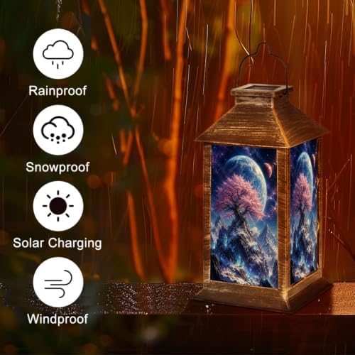 Solar Hanging Lantern Cosmic Fantasy Tree Pink Blossom Flowers Snowy Crystal Mountains Blue Waterproof LED Lights Decor Patio Yard Lawn Porch Lamp, Birthday Gift for Mom Women Garden Outdoor Decor - Image 5