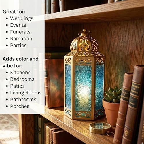 VELA LANTERNS 12" Metal Moroccan Decorative Candle Lantern Holders for Hanging or Table, Indoor Home Decor, Outdoor Patio or Porch, Weddings, Gold, Blue Glass, Large, Set of 2 - Image 7