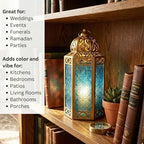 VELA LANTERNS 12" Metal Moroccan Decorative Candle Lantern Holders for Hanging or Table, Indoor Home Decor, Outdoor Patio or Porch, Weddings, Gold, Blue Glass, Large, Set of 2 - Image 7