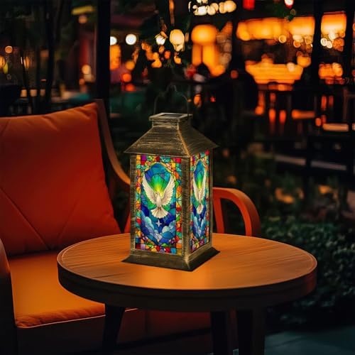 Solar Lantern Vibrant Stained Glass Dove Radiant Colors Abstract Design Garden Hanging Lantern Waterproof Solar Powered Lighting Outdoor Table Lamp for Deck Yard Camping Patio Christian Decor - Image 7