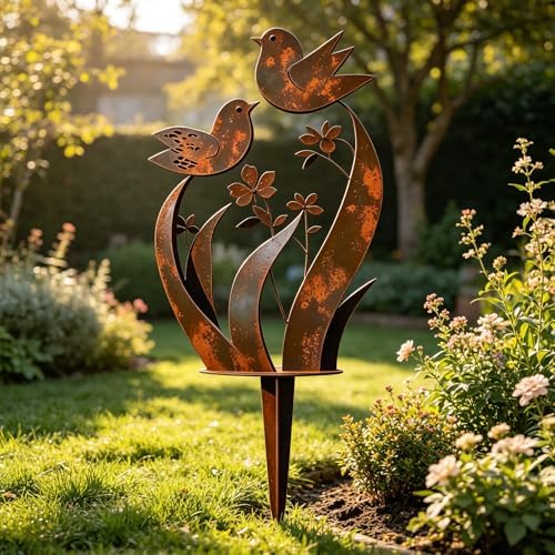 Bird & Wildflower Metal Garden Stake, Bird & Wildflower Metal Yard Art Flower Garden Stakes, Decorative Outdoor Plant Stake with Rusty Paint Process for Lawn Yard Garden Patio (1PCS) - Image 2