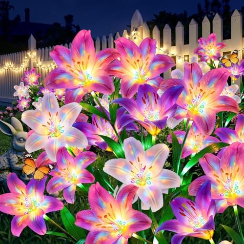 Solar Lights Outdoor Garden Decor - 10 Pack Solar Flowers with 50 Heads Colorful Lily Lights & Glowing Stems, Brighter Waterproof Decorative Garden Lights for Yard, Patio, Flower Bed, Gifts by BONLION