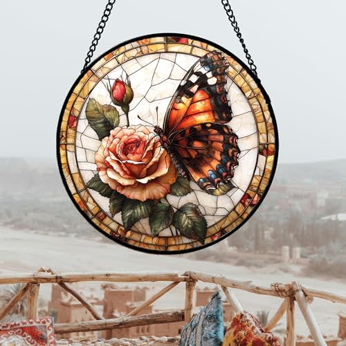 Rose Butterfly Stained Glass Window Hanging Suncatcher Gift for Women 15" - Image 2