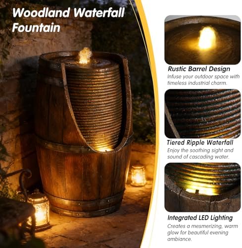 24.8" Outdoor Water Fountain with Lights, Rustic Barrel Outdoor Fountains and Waterfalls, Farmhouse Garden Water Fountain for Patio Porch Yard - Image 3