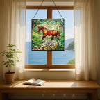 Chestnut Standardbred Horse Trotting Down Hillside Road Square Suncatcher – Stained Glass Style Window Panel with Pastoral Scene, Custom Decorative Hanging Art for Equestrian Home, Christmas gld8kR - Image 6