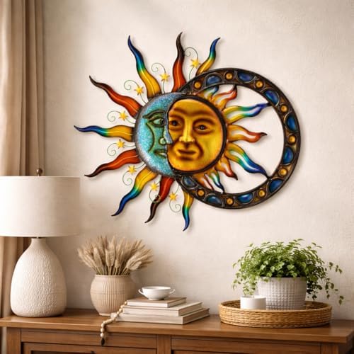 Glitzhome Sun and Moon Wall Decor, 33.5 Inch Celestial Metal Wall Art with Glossy Color Finish and Antique Details, Outdoor Sun and Moon Decor for Garden Porch Patio Home - Image 3