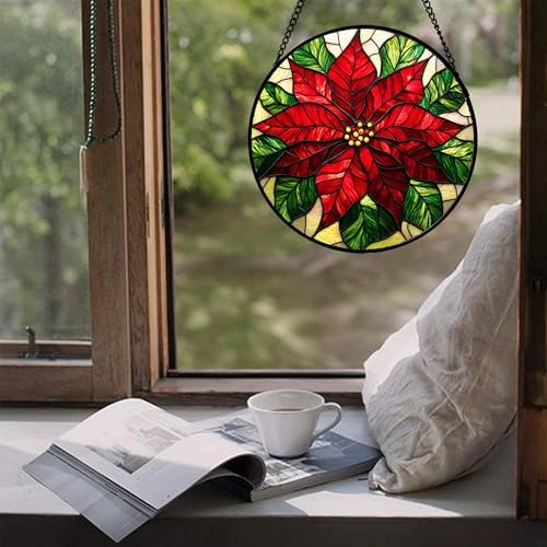 Stained Glass Window Hanging - Poinsettia Suncatcher for Door Garden Home Decor Birth Flower Sun Catcher Birthday Mother's Day for Lovers Friend Women Mom Nana 11.8 in - Image 4