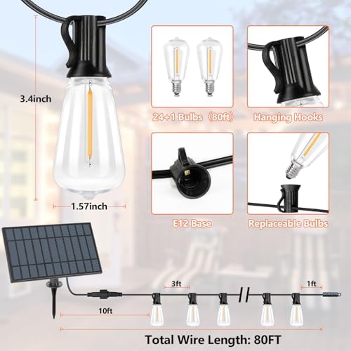 Solar Outdoor String Lights Waterproof, 80FT Dimmable ST38 LED Light String - Image 6