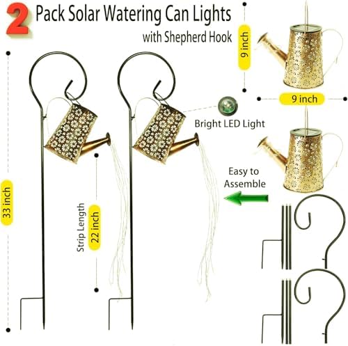2 Pack Solar Watering Can Lights with Shepherd Hook, 8 Multi-Color Changing Modes, IP65 Waterproof, 60pcs String Lights for Outdoor Garden Pathway Lawn Patio Deck Walkway Courtyard - Image 4