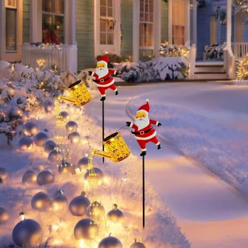 2 Pack Solar Christmas Lights Outdoor - Creative Santa Claus with Watering Can Solar Lights, Metal Waterproof Garden Stake Lights for Yard, Lawn, Patio, Pathway Holiday Decor (Warm White) - Image 3