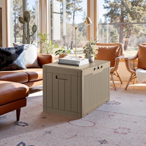 JUMMICO 100 Gallon Resin Deck Box, Waterproof Outdoor Storage Box with Lockable Lid for Garden Tools, Patio Cushions (Light Brown) - Image 4