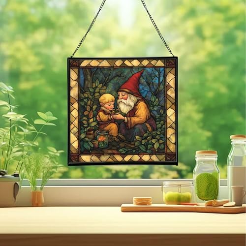 Gnome Mother Tending Her Child Stained Glass Suncatcher – Square Hanging Window Panel for Home, Garden, Nursery, Halloween, Christmas, Memorial Day – Whimsical Glass Art Gift for Gnome Lovers fsm36f - Image 2