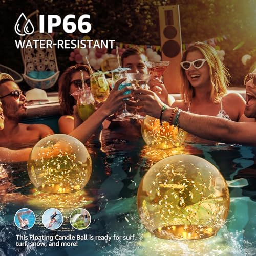 2-Pack 7.4x7.3 Solar Floating Pool Lights Ball Outdoor Water-Resistant IP66 Solar-Powered that Float Candles Flickering Lights for Swimming Pool Decor Pond Garden Party - Image 4