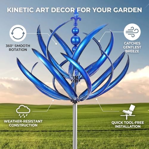 Blue Iron Windmill, 360 Degree Rotation Wind Spinner, Kinetic Wind Sculpture, Metal Yard Art Decor, Weather Ornament for Garden Lawn Patio Backyard Outdoor Landscape Decoration. - Image 3