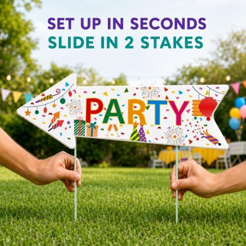 Party Signs with Stakes, 16 Inches by 5 Inches - Double Sided Signs - Corrugated Plastic - Colorful Birthday Party This Way Sign with Arrow for Yard Outdoors. (20) - Image 4