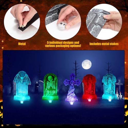 Aurelema 5 Pcs 17" Metal Halloween Tombstones with Light Decoration Outdoor - Image 4