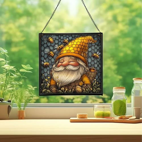 Bee Keeper Gnome Stained Glass Suncatcher – Square Hanging Window Panel for Home or Greenhouse – Whimsical Glass Art Gift for Garden Lovers, Christmas, Halloween, Father Days 1iRWQX - Image 2