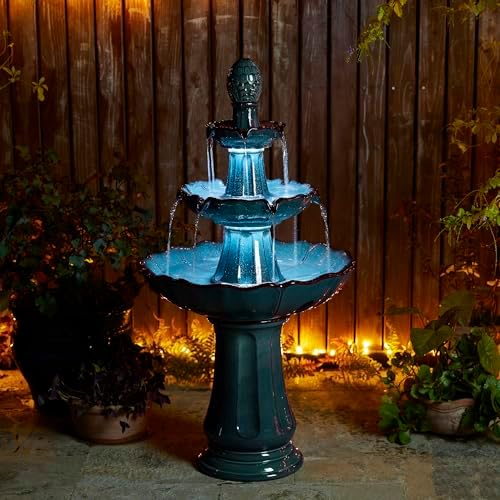 Glitzhome Outdoor Fountain and Waterfalls 3 Tier Patio Fountains, 45" H Turquoise Ceramic Water Fountain with LED Light, Pump & Adapter Garden Outdoor Floor Stand Fountains for Backyard Deck Lawn by Glitzhome