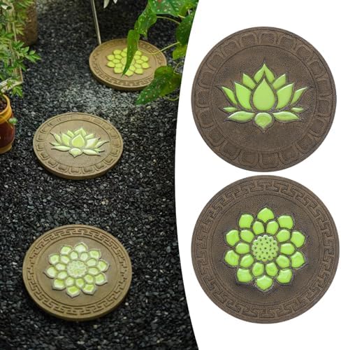 Glow in The Dark Round Stepping Stone Set, Outdoor Luminous Lotus Stepping Stone Path Pavers, Home Villa Garden Patio Stones for Decorative Ground by Unknown