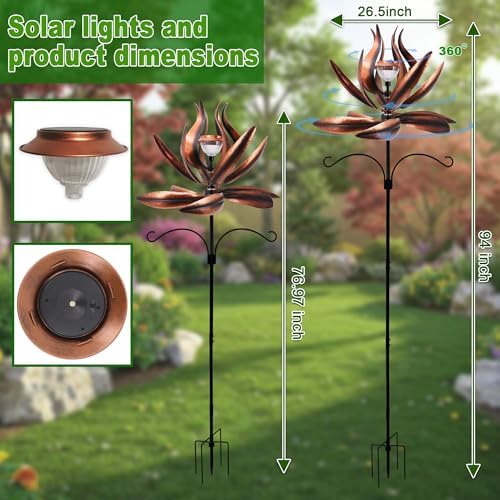94in Solar Wind Spinner Bronze Metal Garden Stake Kinetic Yard Art - Image 5