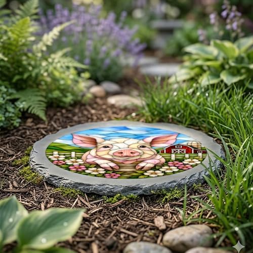 Magnolia Garden 10-Inch Farmhouse Pig Stepping Stone - Faux Stained Glass Country Barn Garden Stone, Weather-Resistant Resin Pathway Accent, Rustic Farm Animal Outdoor Yard Decor & Walkway Plaque - Image 4