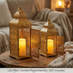 VELA LANTERNS 8pc Golden Temple Moroccan Lantern Lamp Decorative Candle Holders for Ramadan Decorations, Hanging, Outdoor Patio or Porch, Indoor Home Decor, Gold, (11" and 15" Tall) - Image 7