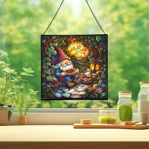 Berry Pie Gnome Picnic Stained Glass Suncatcher – Square Hanging Window Panel for Home or Greenhouse – Whimsical Glass Art Gift for Garden Lovers, Christmas, Halloween, Father Days jRypDB - Image 2