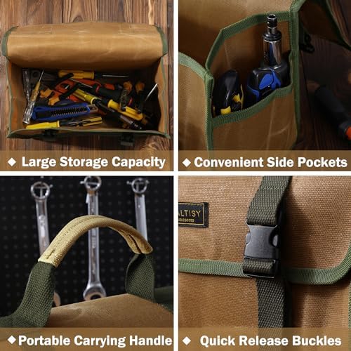 Tool Bag, Heavy Duty 16oz Waxed Canvas Tool Carrier, Multi-Purpose Tote Bag with 1 Large Capacity & 2 Side Pockets, Portable Tool Storage for Wrenches Chisels Scissors Hammer - Khaki - Image 4