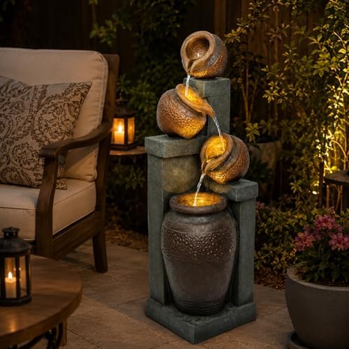 Outdoor Water Fountain with LED Lights, 34.84" Resin Tiered Jar Fountain for Patio, Garden, Porch, Backyard Decor, Freestanding Cascading Garden Fountain - Image 5
