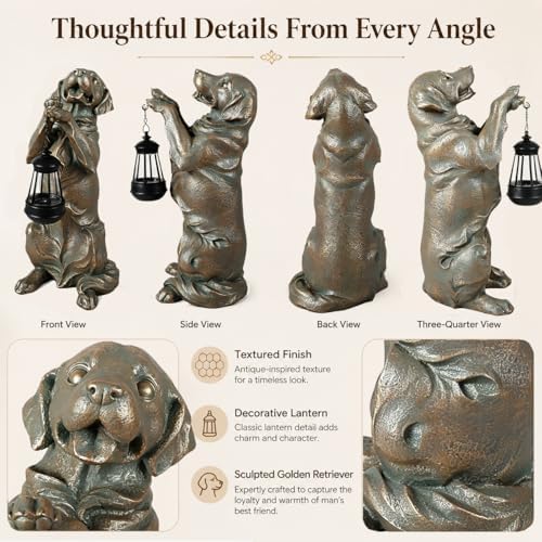 Solar Garden Statue Outdoor Decor 17.5 In Golden Retriever Dog with Lantern - Image 5