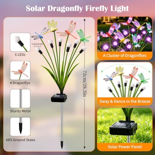 VOOKRY Dragonfly Solar Garden Lights Outdoor (8 Pack, 48 LEDs), Dragonfly Outdoor Decor with Solar Firefly Lights Waterproof Swaying Light for Yard Patio Pathway Lawn Gardening Gift for Women, Purple - Image 2