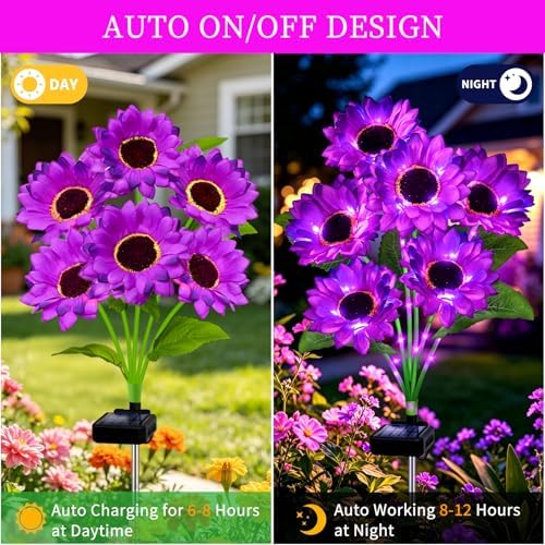 Solar Lights Outdoor, Gift for Women Mom Grandma Friends, 6 Pack 36 Solar Purple Sunflower Lights, Solar Flower Lights Waterproof, Outside Sunflower Decor Lights For Landscape Yard Patio Lawn Pathway - Image 4