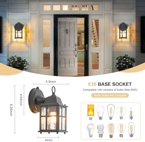 Outdoor Wall Light Fixture, Exterior Lighting Fixture Wall Mount, Black Outdoor Porch Light with Hammered Glass, Garage Wall Sconce Outside Lights, E26 Base, Aluminum Housing Plus Glass, 1-Pack, Black - Image 5