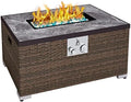 32'' Propane Fire Pit Table, Marble Textured Ceramic Tabletop, 50,000 BTU Fire Table with Brown Wicker, Mix Color Glass Rocks, Including Lid&Cover, Rectangle, Tank Required to Be Kept Outside by Unknown