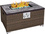32'' Propane Fire Pit Table, Marble Textured Ceramic Tabletop, 50,000 BTU Fire Table with Brown Wicker, Mix Color Glass Rocks, Including Lid&Cover, Rectangle, Tank Required to Be Kept Outside by Unknown