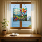 Balloon Flight Gnome Stained Glass Suncatcher – Square Hanging Window Panel for Home or Greenhouse – Whimsical Glass Art Gift for Garden Lovers, Christmas, Halloween, Father Days WsxVJP - Image 6
