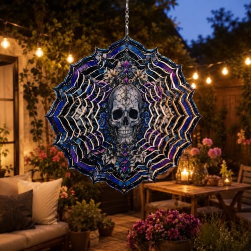 Shwing 12 Inch Wind Spinner Hanging Wind Sculptures Gothic Skull Metal Decor Double Sided Outdoor Kinetic Garden Art 3D Wind Spinner Hanging Ornament for Patio Porch Balcony Backyard Tree Decor - Image 7