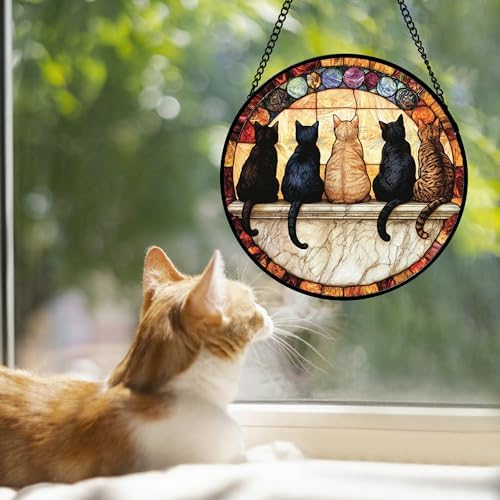 CHATYOUNG Stained Glass Window Hanging Retro Cats Themed Gifts Large 11.8" - Pet Suncatcher Door Garden Home Decor Christmas Mother's Day Birthday Gift for Grandma Women Mom Nana Wife Men Cat Lovers - Image 2