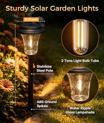 XMCOSY+ Solar Garden Lights 4 Pack, Metal Glass Solar Pathway Light Outdoor - Image 4