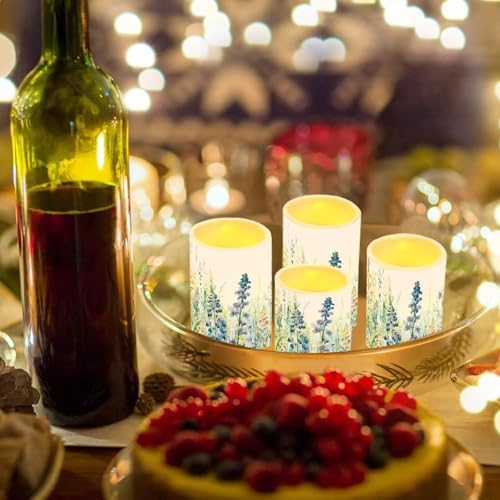 Pack of 4 Flickering Flameless Candles Bulk with Remote Outdoor Battery Operated LED Candles with Timer Elictric Pillar Lights for Beach Coastal Home Decoration, Floral Green Leaves - Image 4
