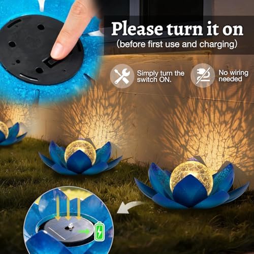 Huaxu Solar Lights Outdoor Garden Decoration Crackle Globe Glass Waterproof LED Metal Blue Lotus Flowers Gift for Mom,Women,Patio,Lawn,Walkway,Tabletop,Ground - Image 6