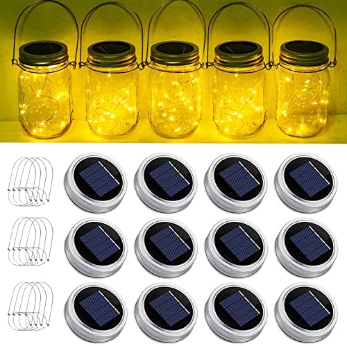 SmilingTown Solar Mason Jar String Light Lids 12 Pack 30 LED Fairy Firefly Inserts Lighting with 12 Hangers Waterproof for Outdoor Tree Patio Lawn Garden Decor, No Jars by SmilingTown
