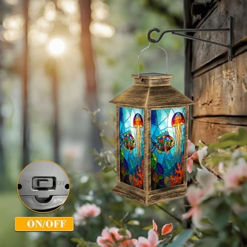 Solar Lantern Outdoor Waterproof Stained Glass Fish Jellyfish Vibrant Colors Garden Decor LED Hanging Solar Lights Tabletop Lamp Gifts for Women Mom Outside Yard Patio Porch - Image 5