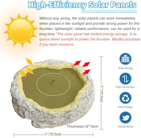 SAC SMARTEN ARTS Solar Fountain for Bird Bath with Solar Panel Resin Granite Rock Solar Water Fountain Pump for Bird Bath Outdoor Hummingbird Birdbath Fish Tank Pond with 5 Nozzles - Image 2