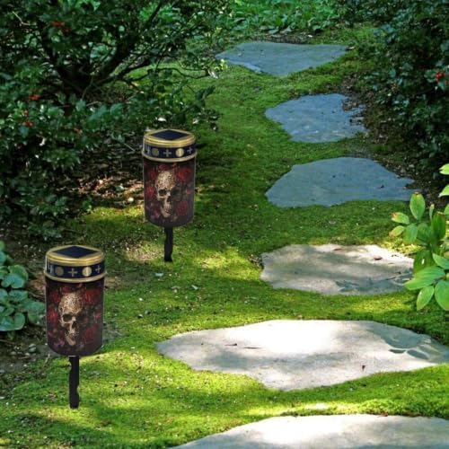 Poceacles Solar Candle Cemetery Solar Lights for Grave LED Garden Flameless Powered Pathway Lights for Halloween Outdoor Decoration, Skull Rose Black Print, 4 Pack - Image 4