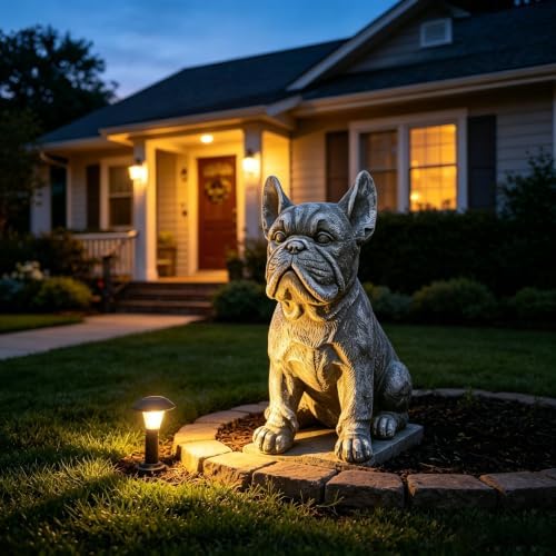 16'' French Bulldog Statue,Rustic Stone Finish Resin Dog Sculpture,Grey - Image 4